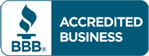 A blue and white sign that says accredited business bbb.