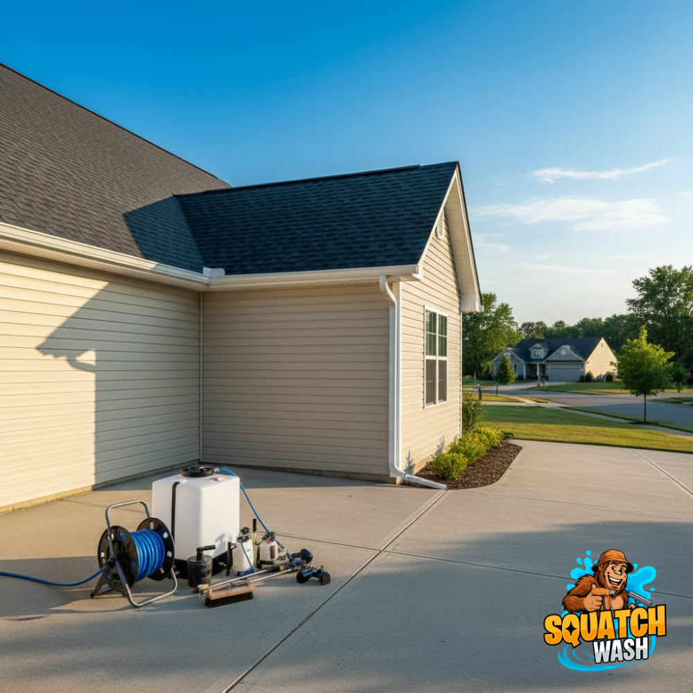 Man power washes a sidewalk in front of a house. Black van parked on street. Trees and grassy yard.