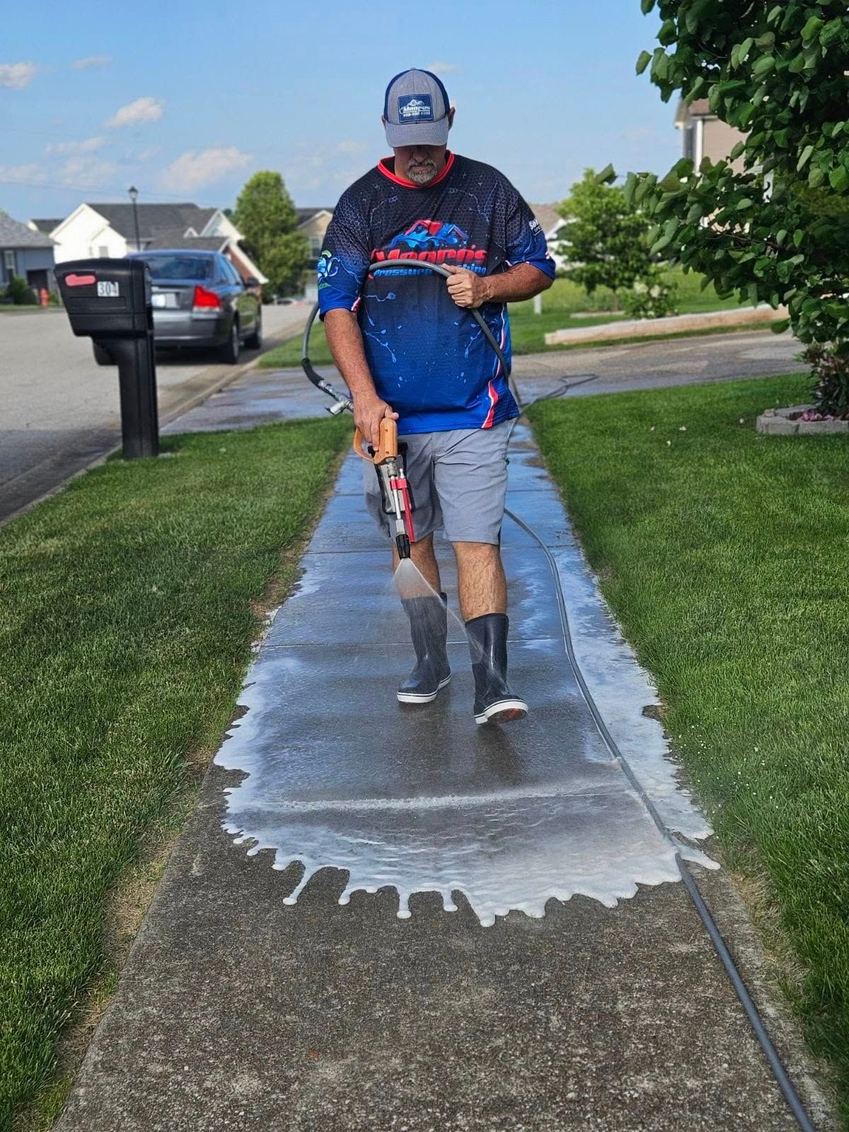 Man pressure washing a sidewalk. He's wearing a hat, shirt, shorts, and boots. Water and cleaning residue are visible on the concrete.