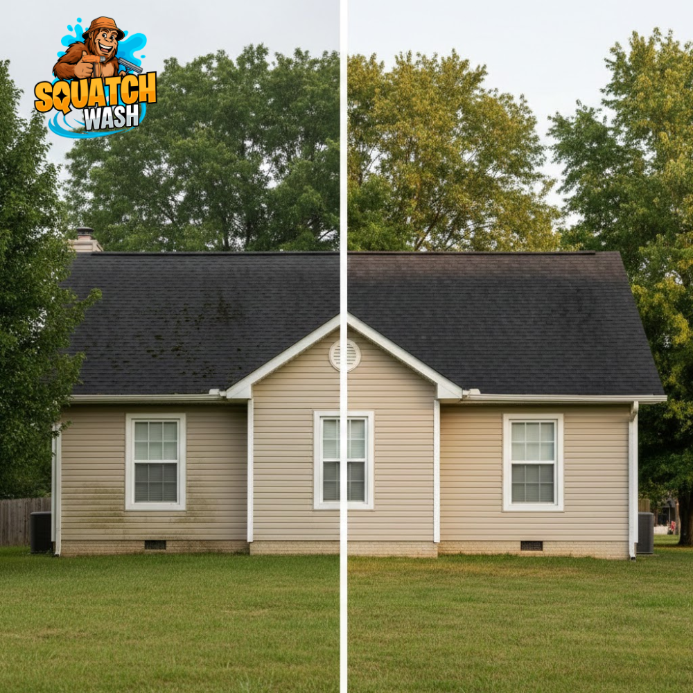 A gray pickup truck towing a trailer with water tanks spraying a house on a suburban street.