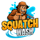 Bigfoot cartoon with bucket hat giving thumbs up, holding a pressure washer, and the business name “Squatch Wash.”