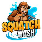 Bigfoot cartoon with bucket hat giving thumbs up, holding a pressure washer, and the business name “Squatch Wash.”