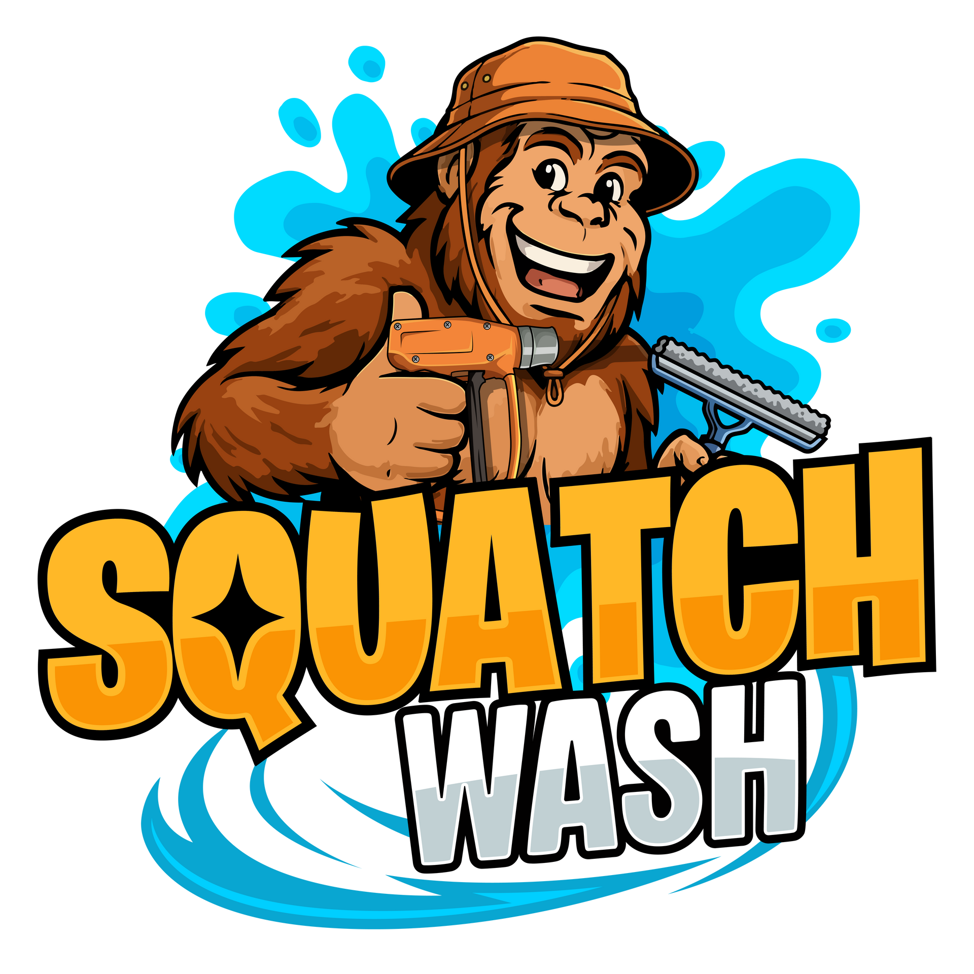 Bigfoot cartoon with bucket hat giving thumbs up, holding a pressure washer, and the business name “Squatch Wash.”