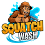 Bigfoot cartoon with bucket hat giving thumbs up, holding a pressure washer, and the business name “Squatch Wash.”