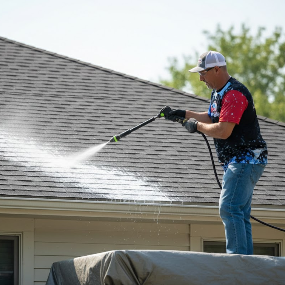 Person power washing a driveway in front of a house. Sunlight.