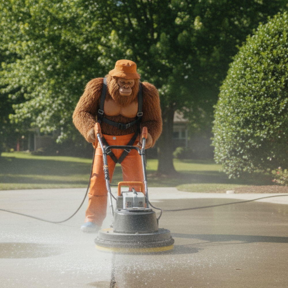 A sasquatch in orange coveralls operates a concrete cleaner on a driveway, sunny outdoors.