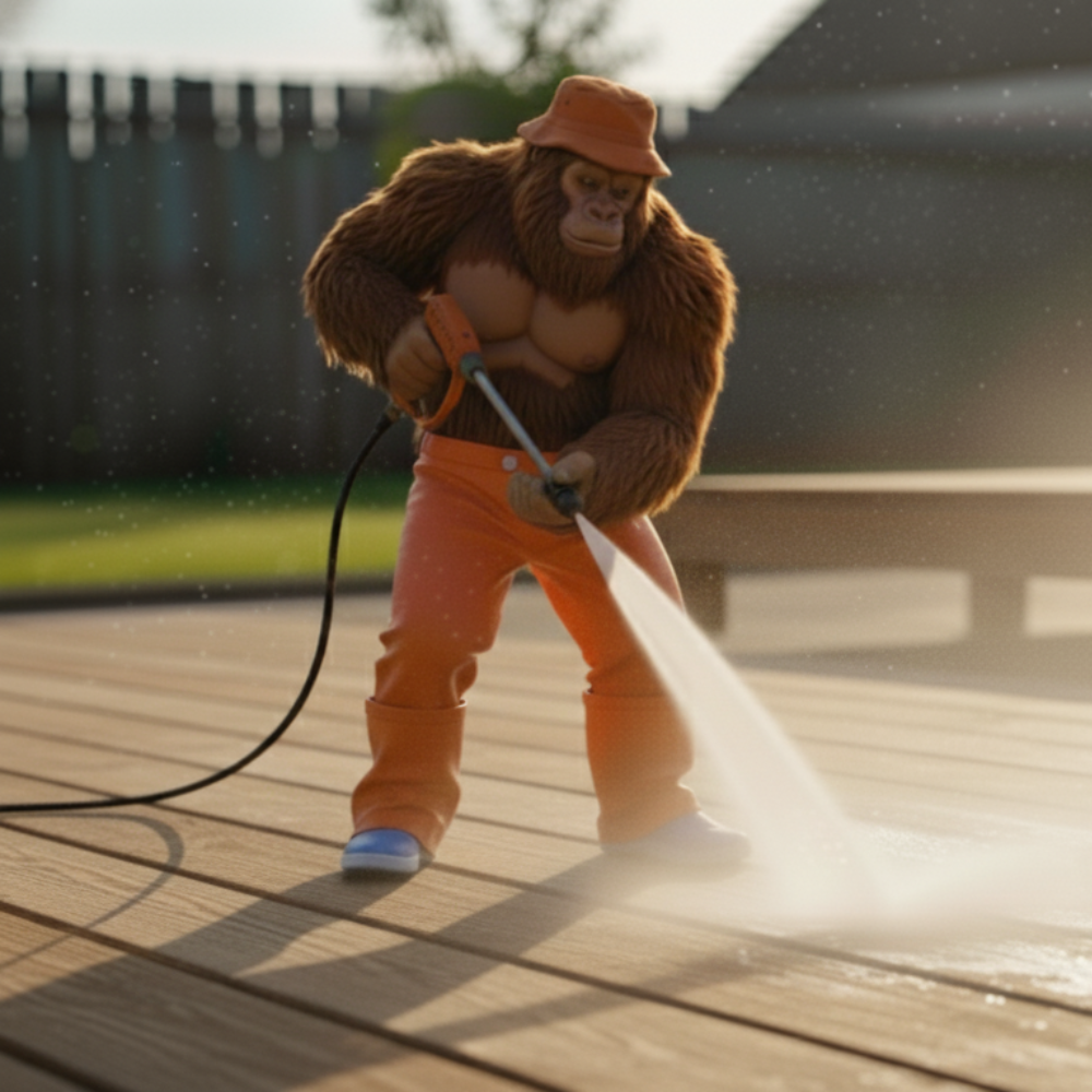 A sasquatch wearing orange pants and a bucket hat uses a pressure washer on a wooden deck.