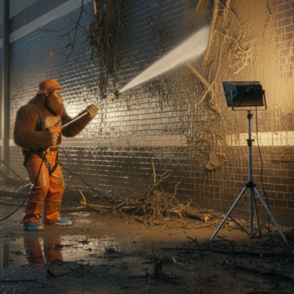 A large, sasquatch in orange overalls sprays a wall with a pressure washer, lit by a work light.