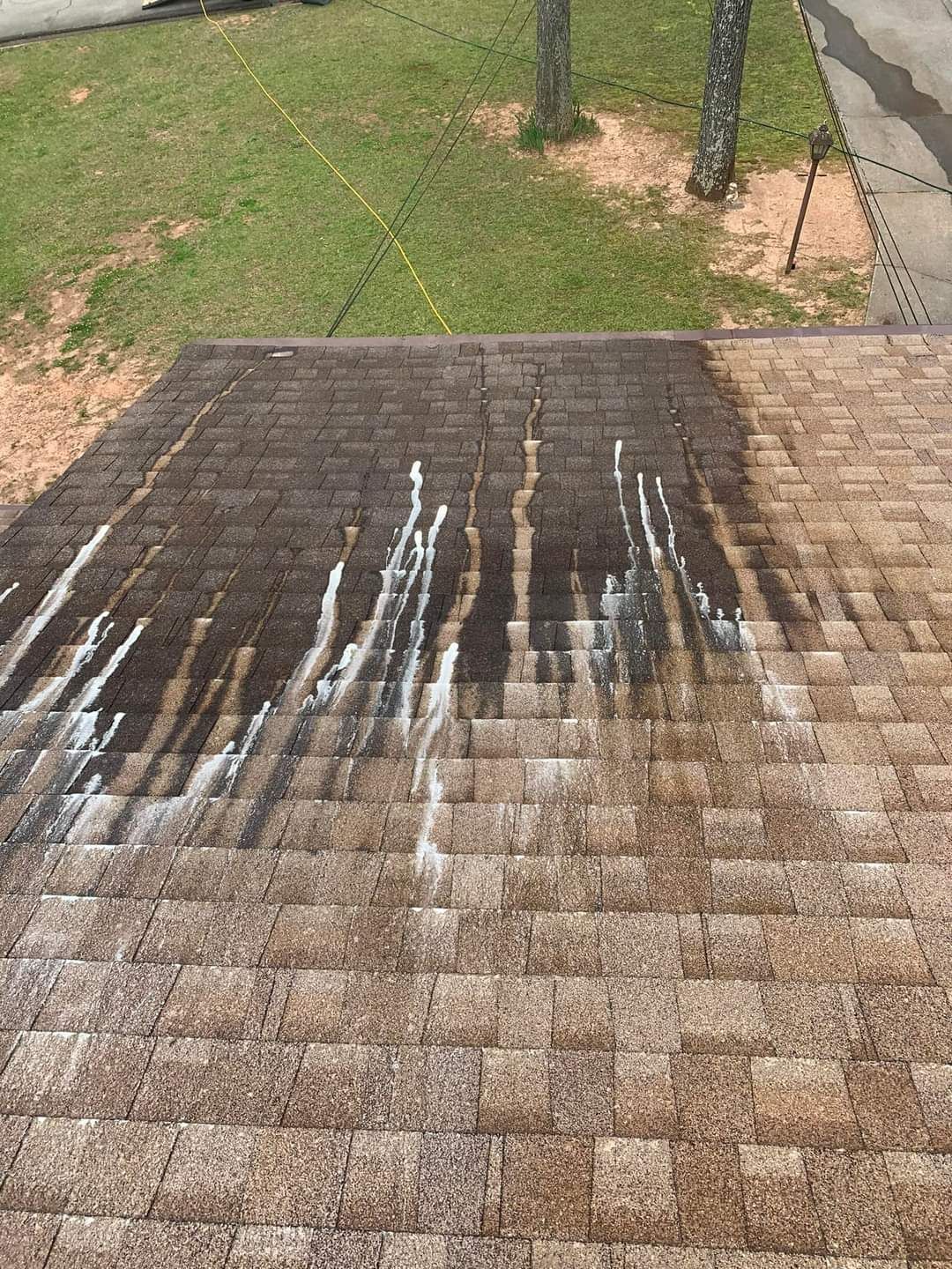 Roof with dark streaks and white runoff, showing cleaning progress.