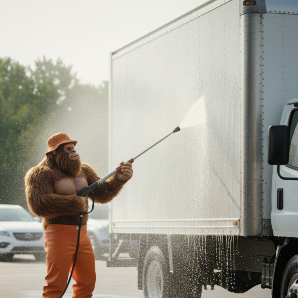 A Sasquatch wearing a fedora and orange pants washes the side of a white truck with a power washer.