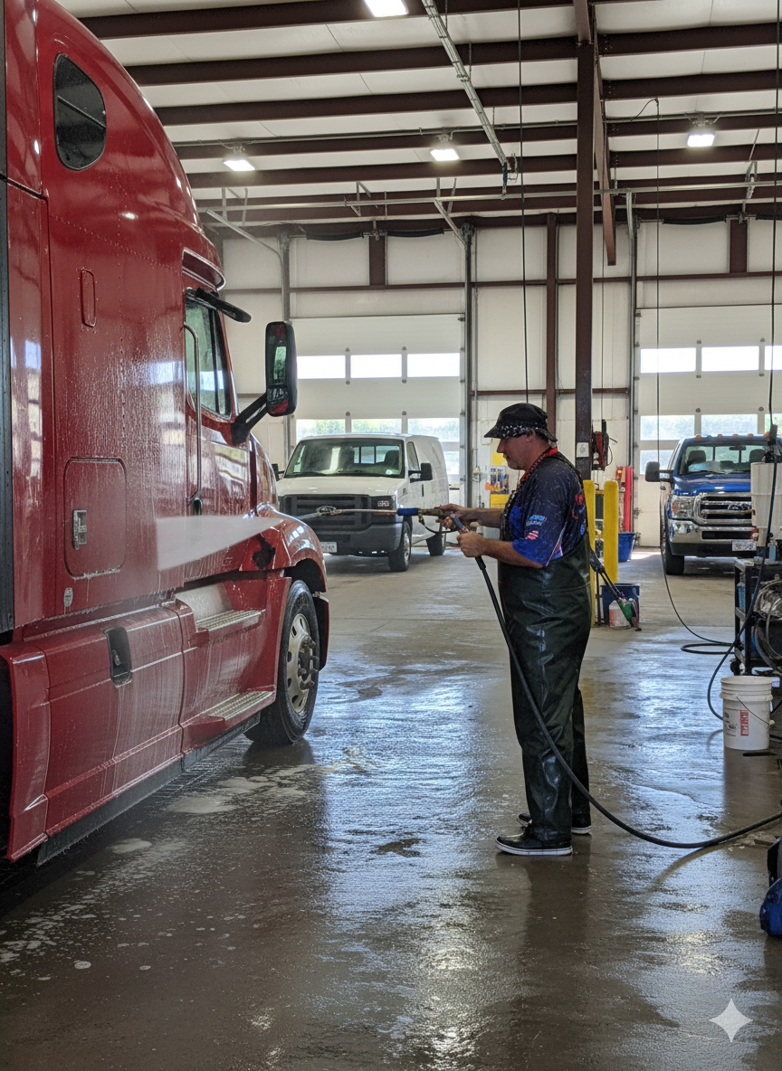 Person washing a red semi-truck inside a garage; water spraying, multiple trucks in the background.