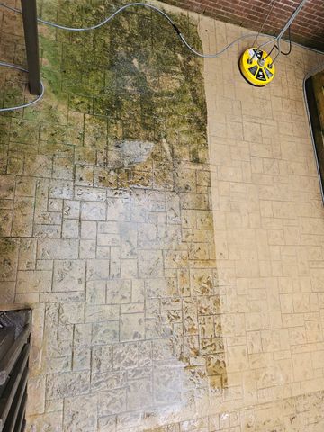 A concrete patio shows before and after power washing. The left side is dirty with algae, right is clean.