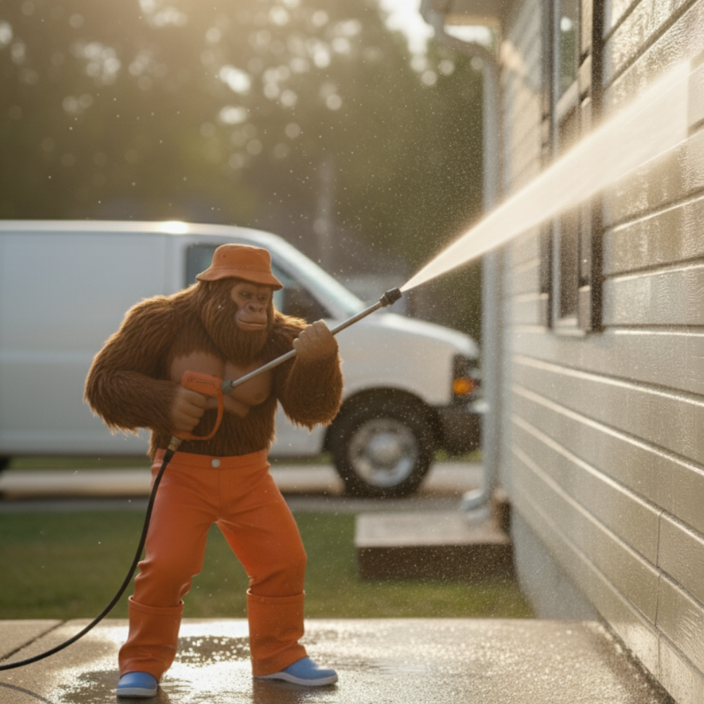 A sasquatch figure wearing orange pants and a bucket hat pressure washes a house, with a van in the background.