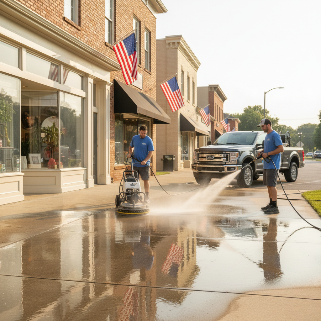 Two men pressure wash a downtown sidewalk in front of shops, silver truck parked nearby, American flags.