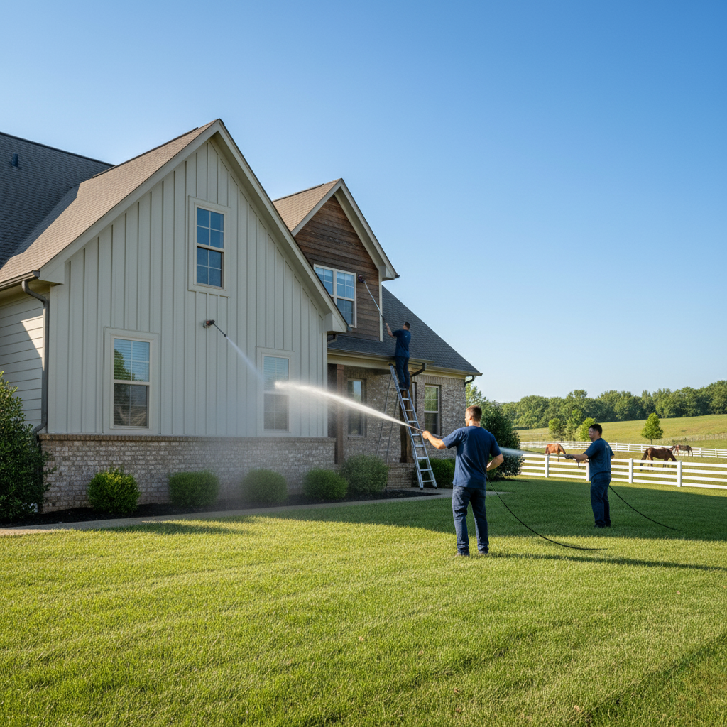 Three people pressure washing a house; one on a ladder, two on the ground. Sunny day.