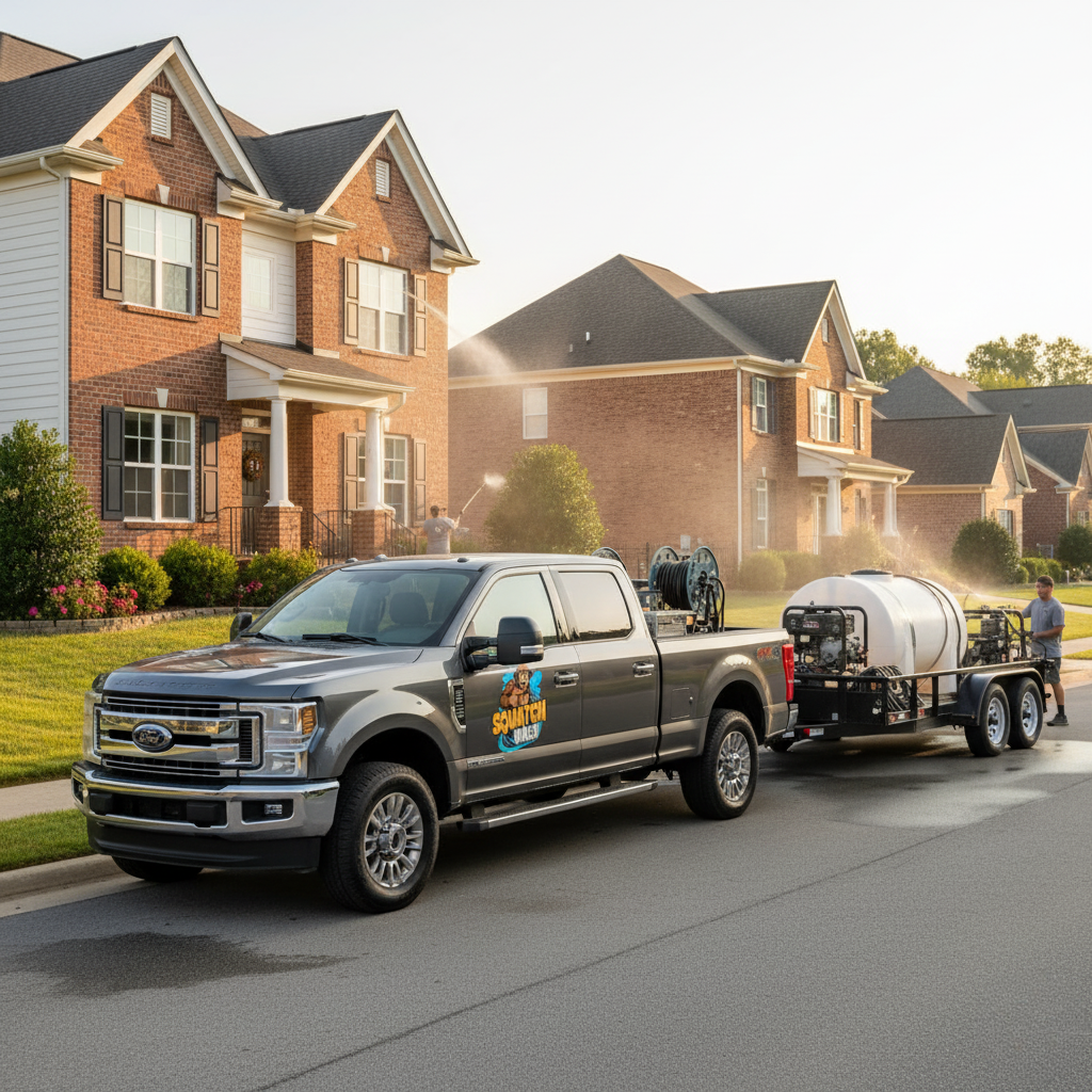 A gray pickup truck towing a trailer with water tanks spraying a house on a suburban street.