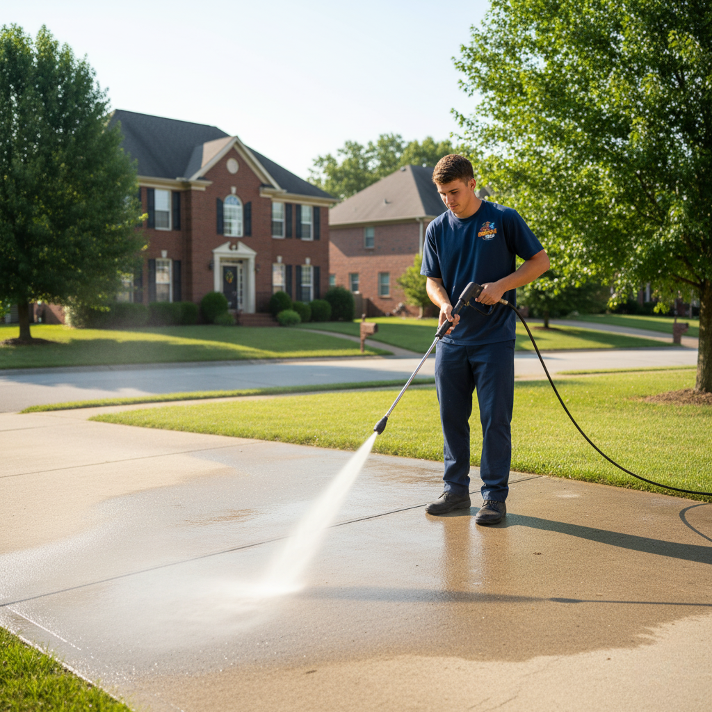 Person power washing a driveway in front of a house. Sunlight.