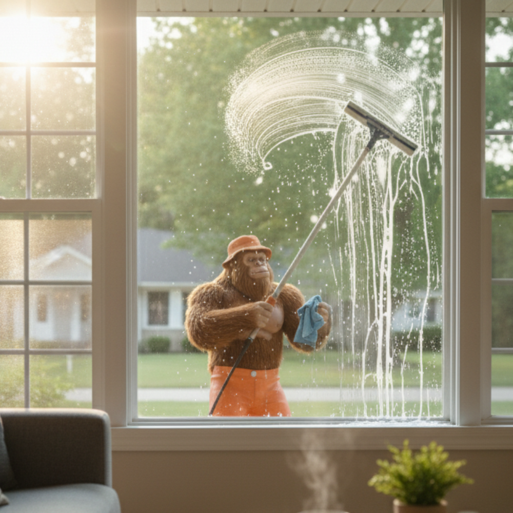 A sasquatch in an orange hat and apron washes a window with a squeegee. Sun shines through.