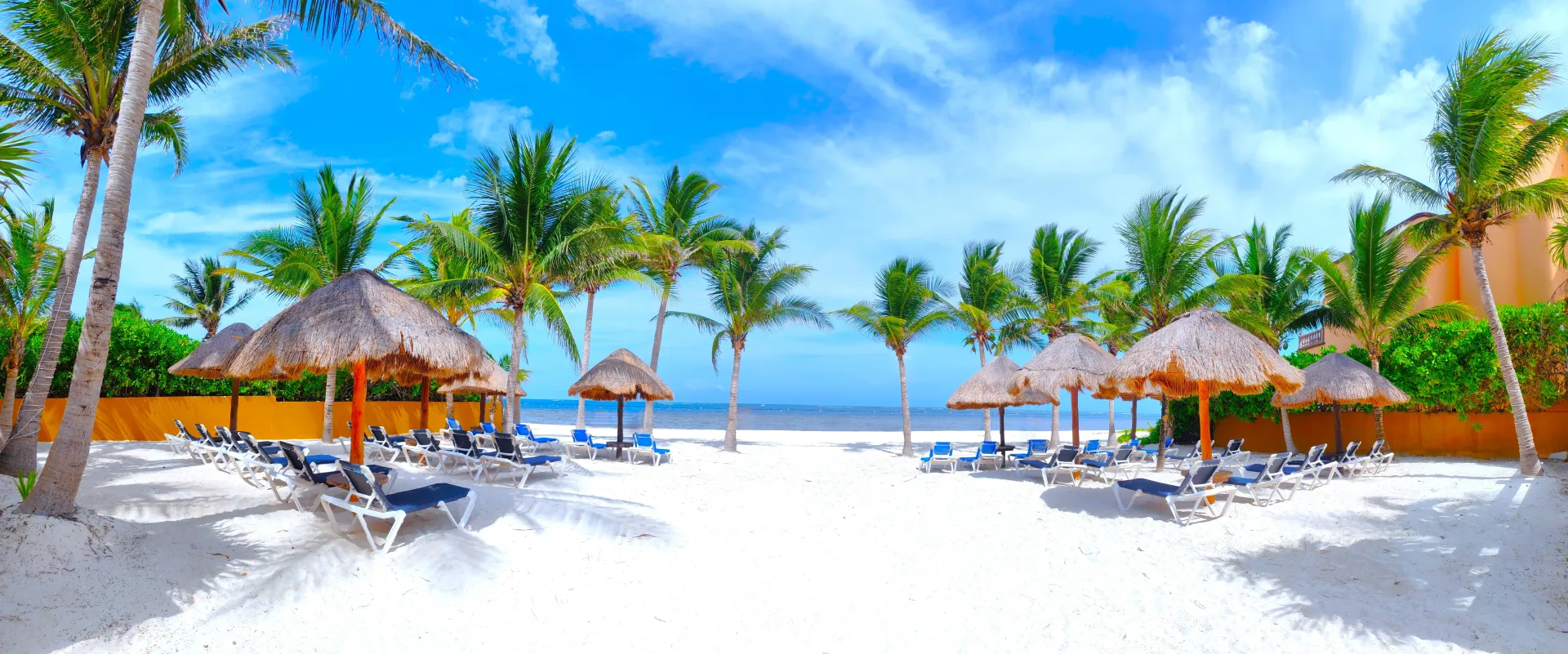 Escena de playa con palmeras, sombrillas de paja, tumbonas y arena blanca bajo un cielo azul.