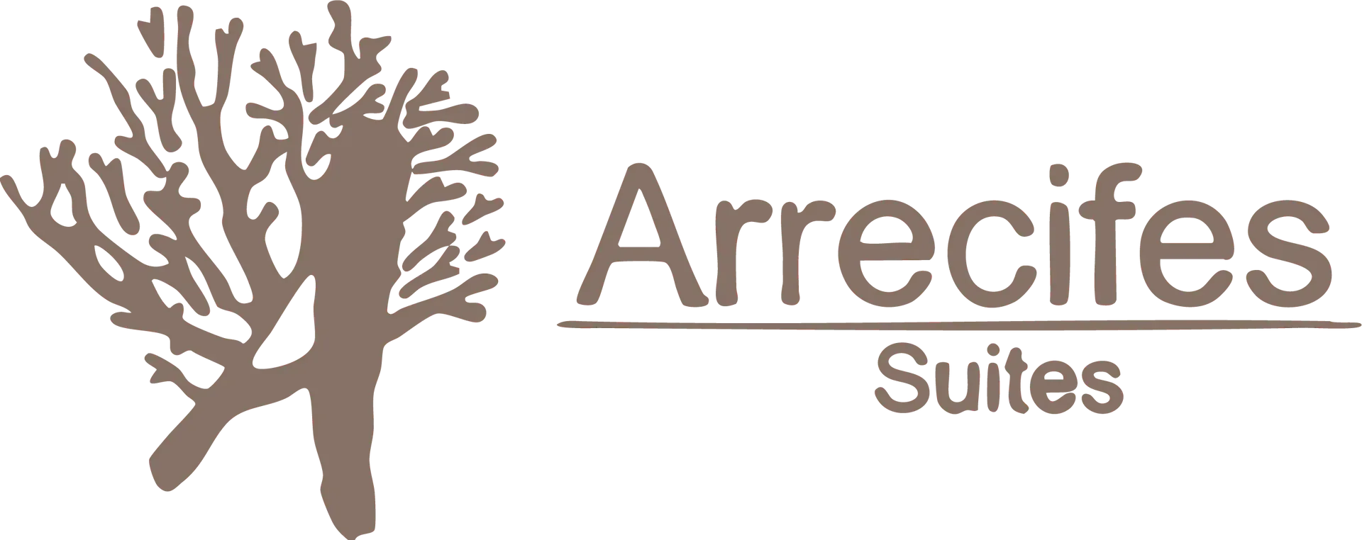 Logo for Arrecifes Suites featuring a tree illustration and text in a brown color.