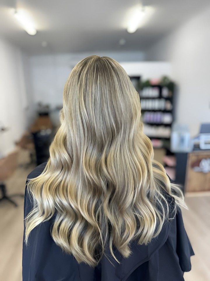 A Woman With Long Blonde Hair is Standing in a Salon — Atelier Of Hair in Grafton, NSW