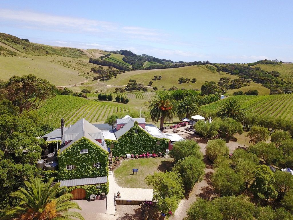 Stonyridge Vineyard aerial view of the winery restaurant and vines