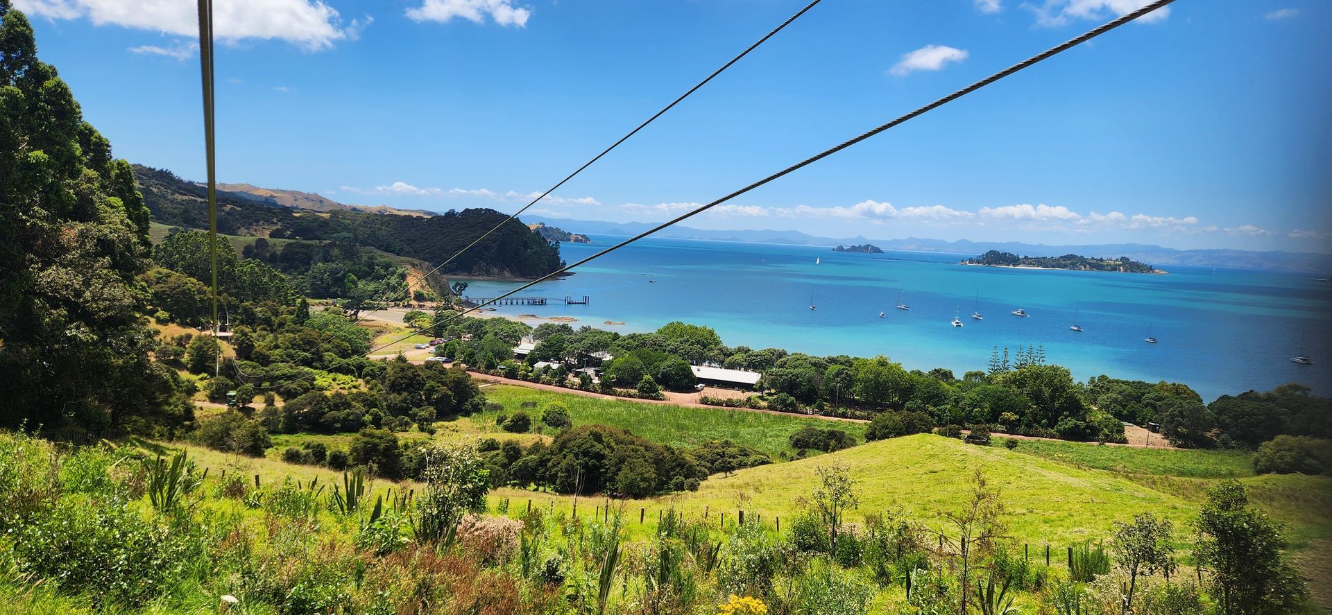 Aerial shot of Oneroa Beach from village Waiheke Island 
