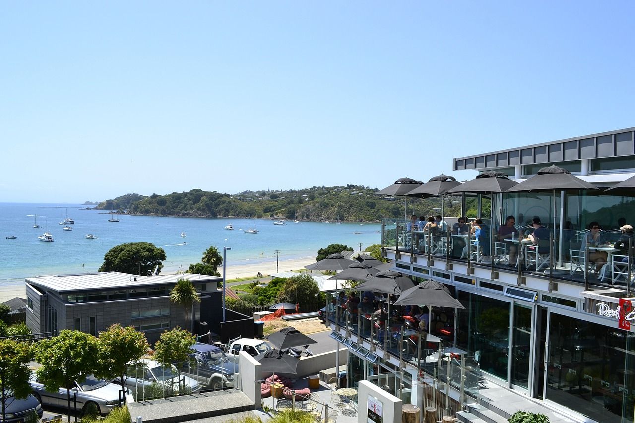 Aerial shot of Oneroa Beach from village Waiheke Island 
