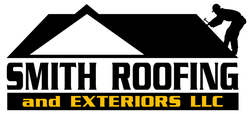 the logo for smith roofing and exteriors llc shows a man working on a roof .