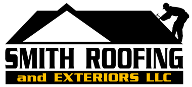the logo for smith roofing and exteriors llc shows a man working on a roof .