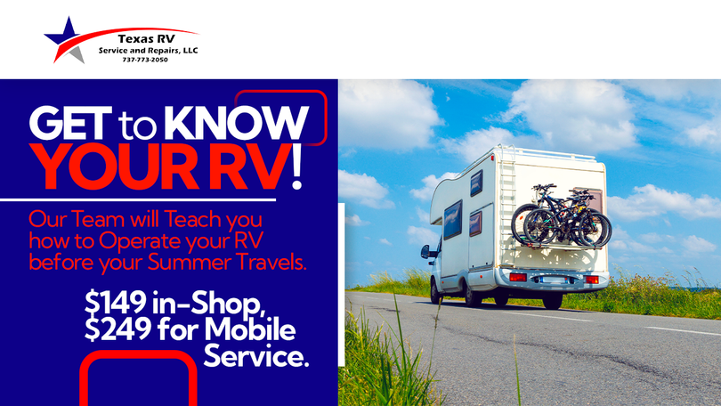 Advertisement: RV training; mobile RV, summer travel, $149 in-shop, $249 mobile service. White RV on road.