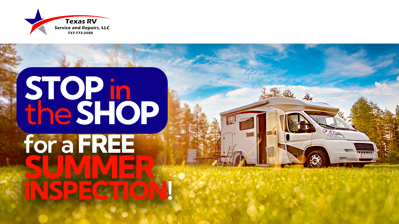 Advertisement: White RV on grass with text 