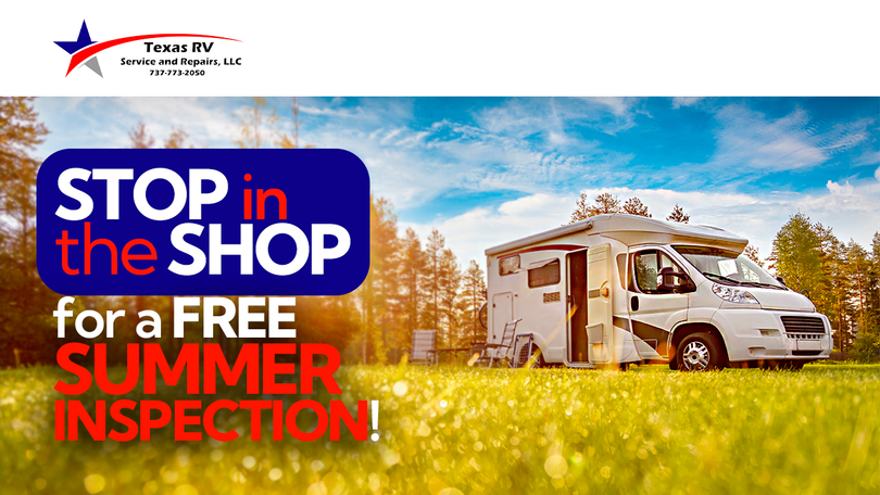 Advertisement: White RV on grass with text 