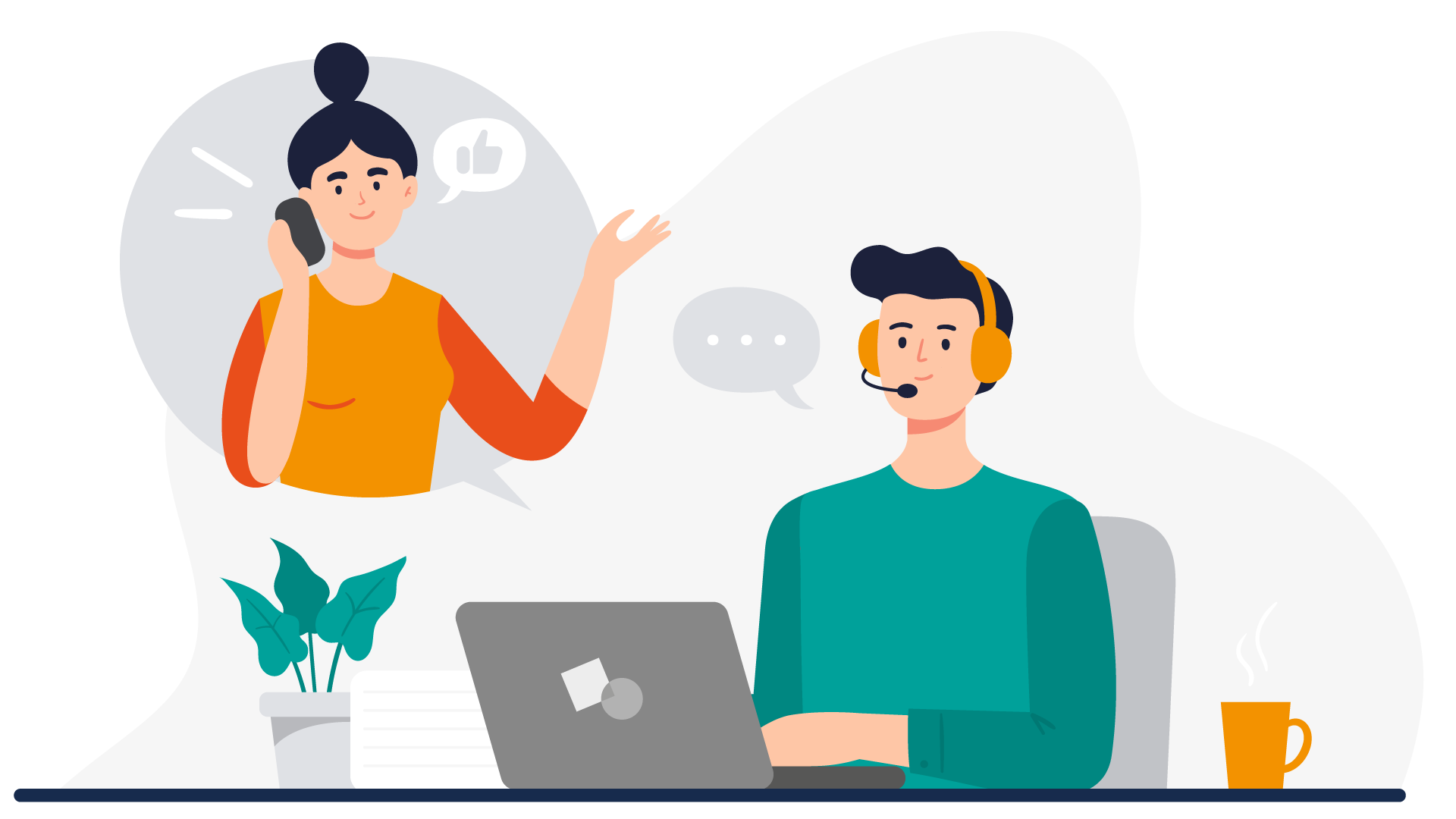 Woman on phone giving thumbs up to support agent using a headset and laptop.