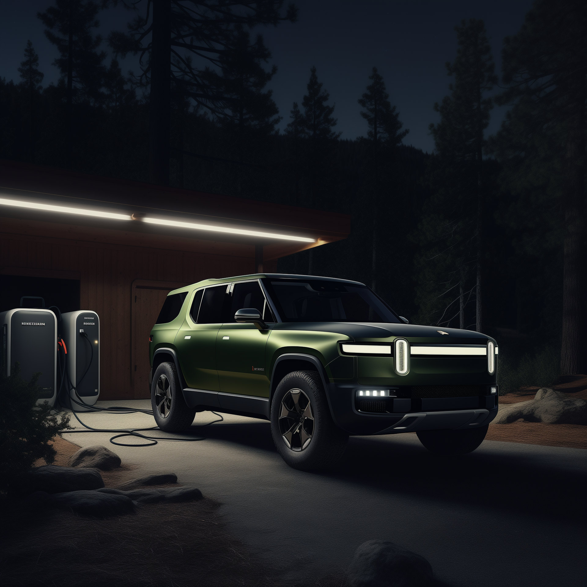 Green Rivian R1S charging overnight at home with pine trees in the background