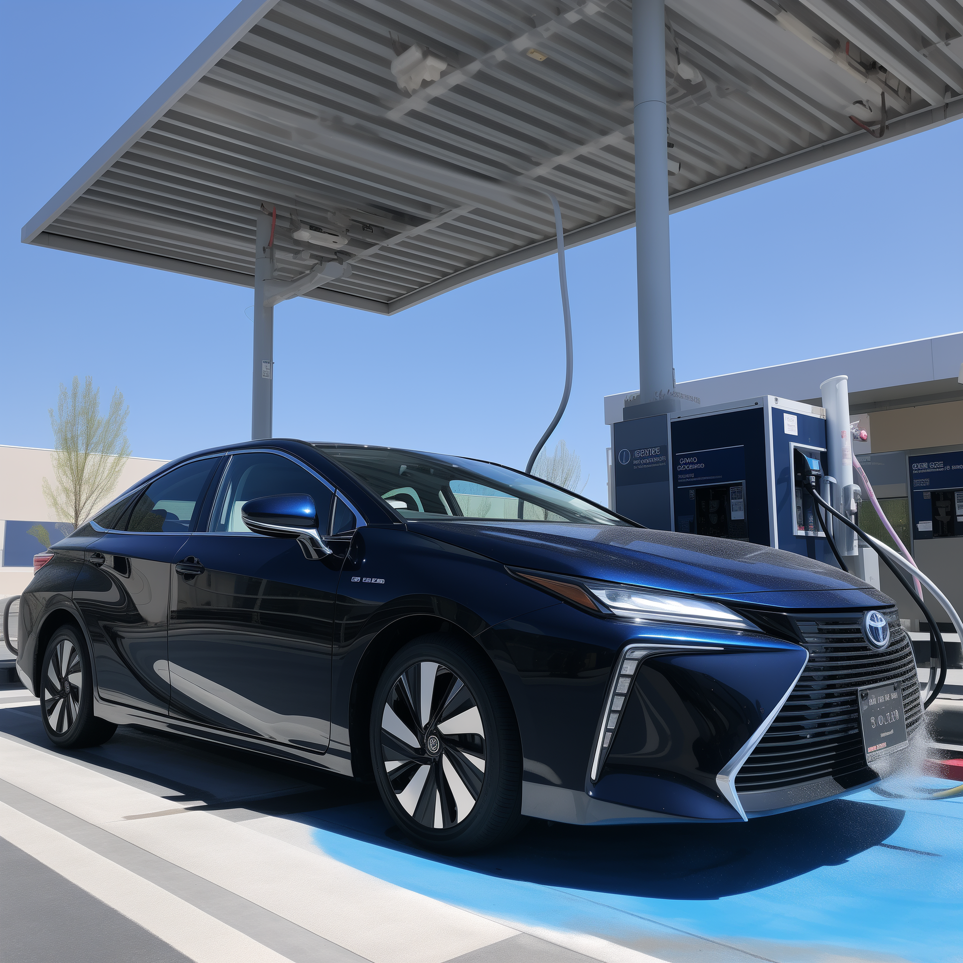 A blue Toyota Mirai (FCEV) hydrogen car charging at one of the few hydrogen charging station