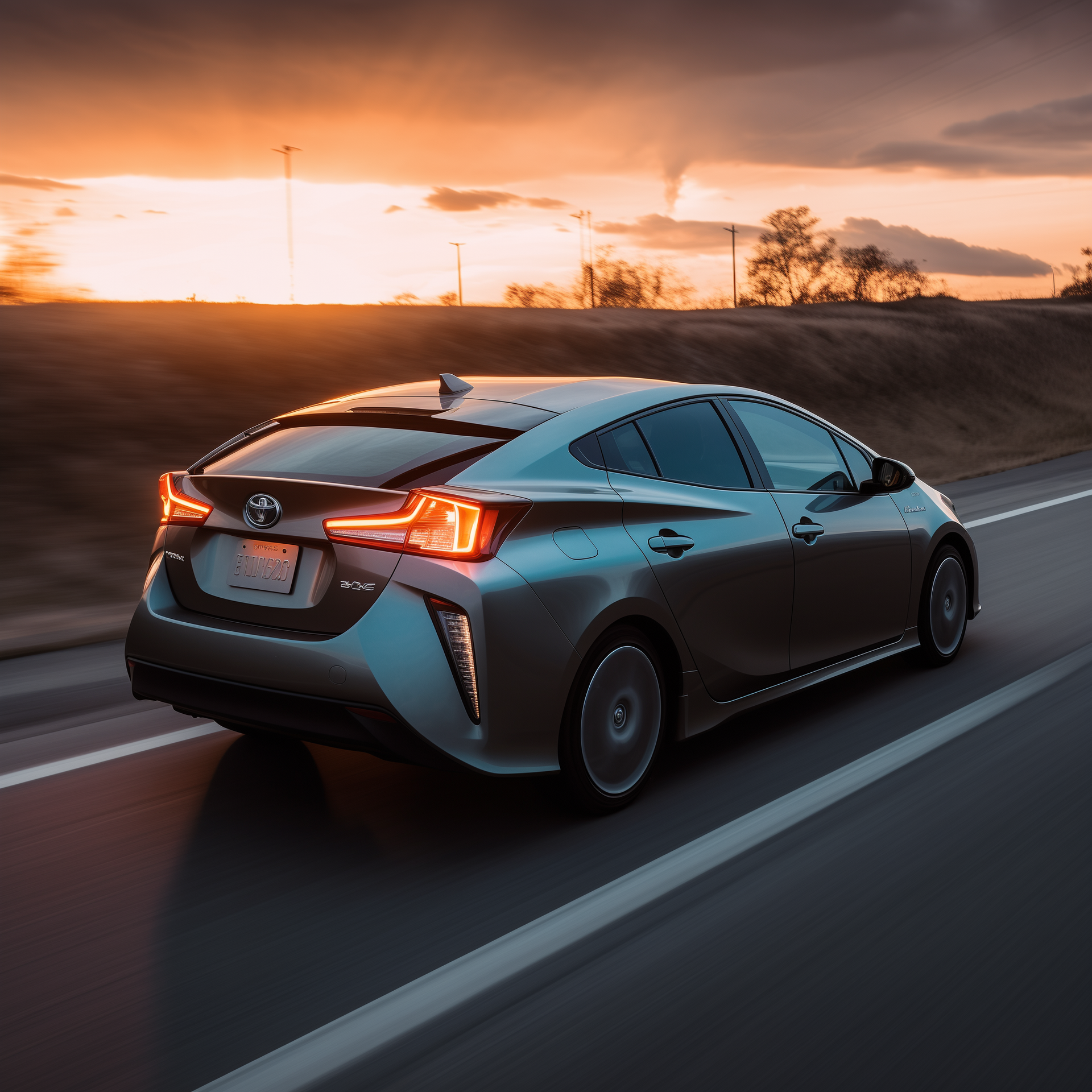 A silver Toyota Prius driving on the highway at dusk