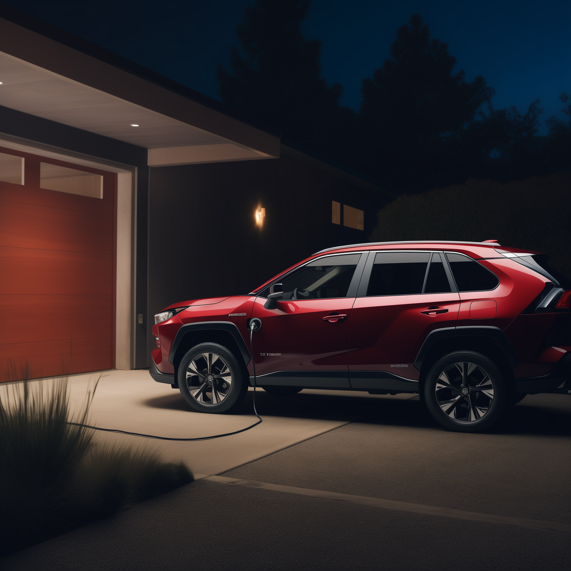 A red Toyota Rav4 Prime plug-in hybrid vehicle charging at home overnight. Image generated by Mid Journey AI