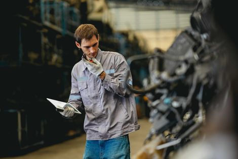Dans un entrepôt, un ouvrier en uniforme gris et gants vérifie un document tout en utilisant un talkie-walkie.