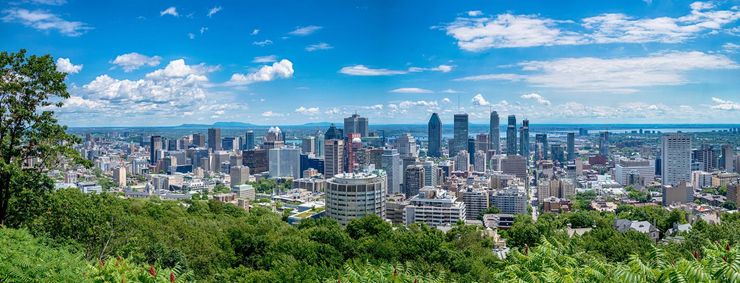 Vue panoramique de la silhouette de Montréal depuis le mont Royal, avec ses gratte-ciel denses sous un ciel bleu clair et lumineux.