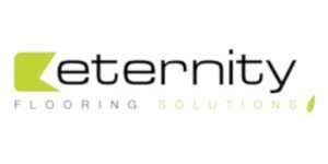Eternity Flooring Solutions logo. Black text with a lime green geometric shape to the left and a small green leaf on the right.