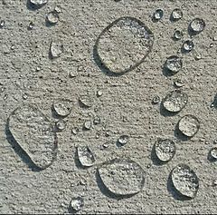 A close up of water drops on a concrete surface.