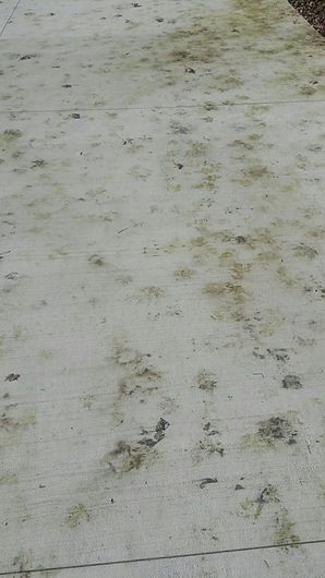 A dirty concrete sidewalk with a lot of dirt on it.