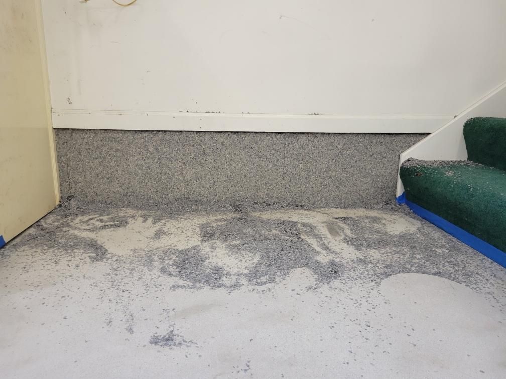 A room with a green staircase and a white wall.