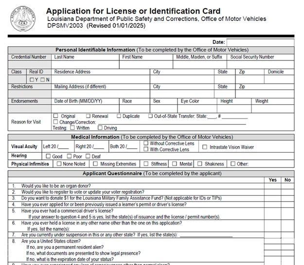 Application 2003 from the LA Office of Motor Vehicles.