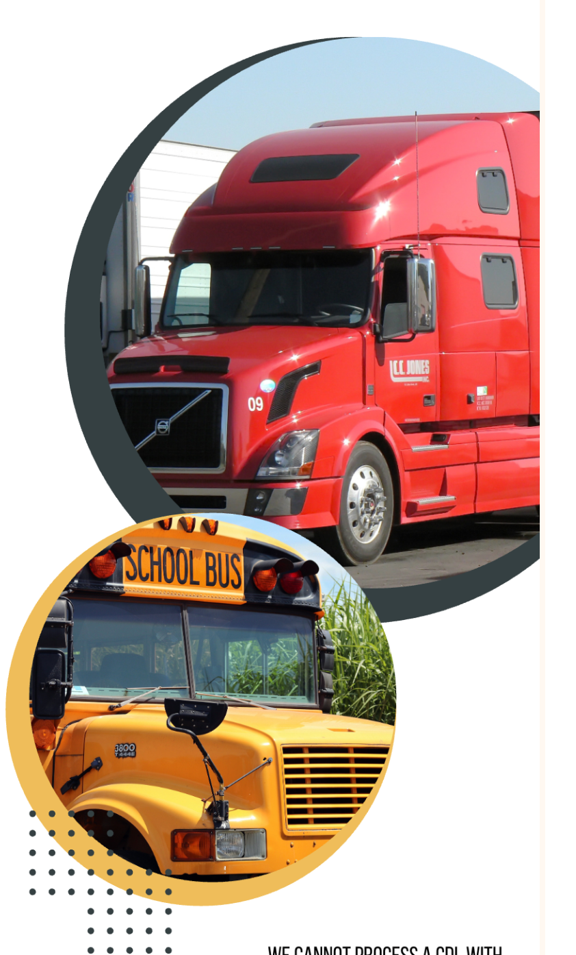 Red semi-truck and yellow school bus, shown in overlapping circular frames.
