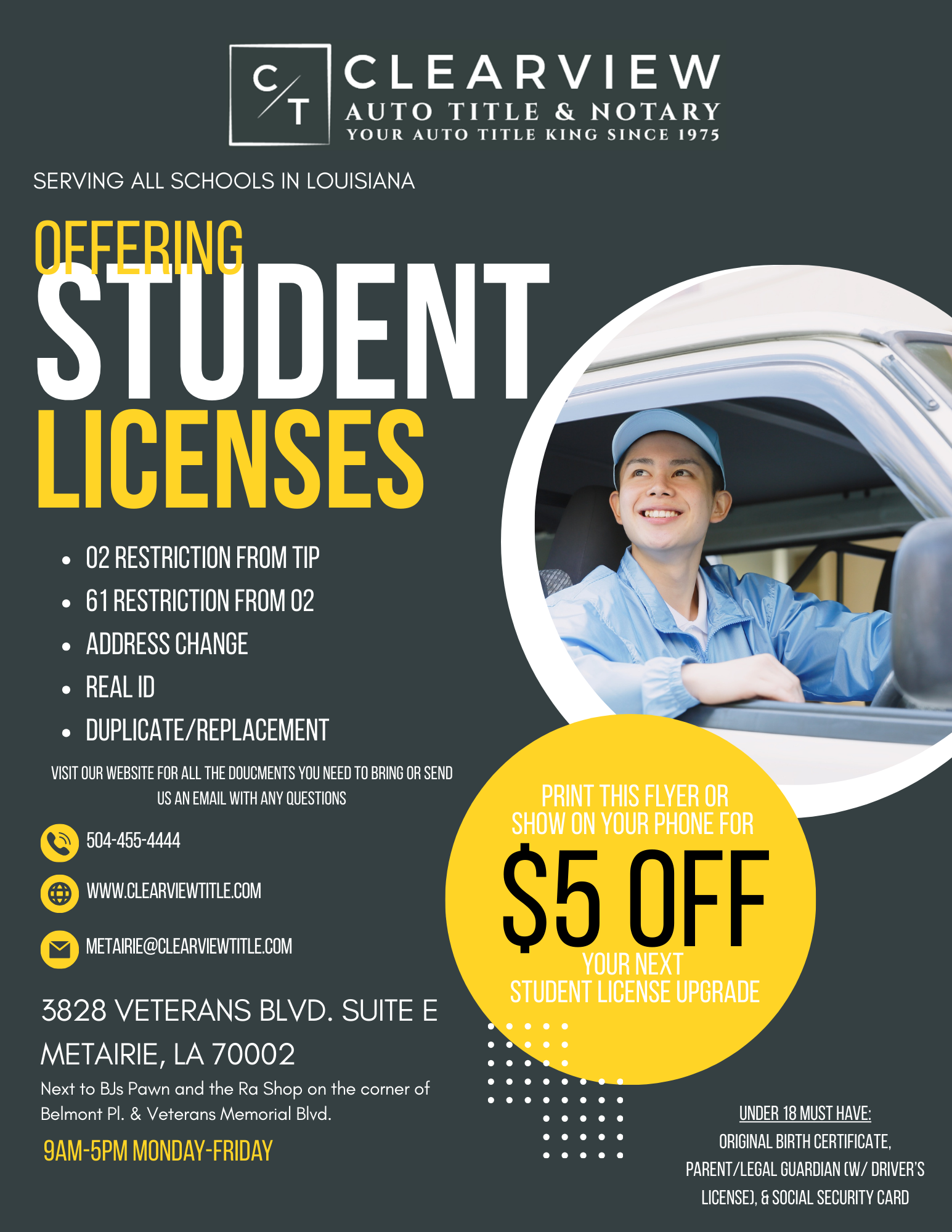 Advertisement for Clearview Auto Title & Notary offering student licenses, with a driver and $5 off promotion.