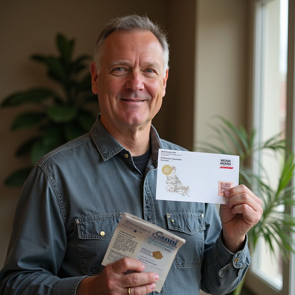 Man holding a letter and a packet, smiling indoors near a window and a plant.