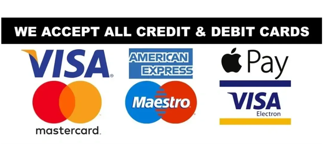 Payment methods accepted: Visa, Mastercard, American Express, Maestro, Apple Pay, and Visa (Fiction).