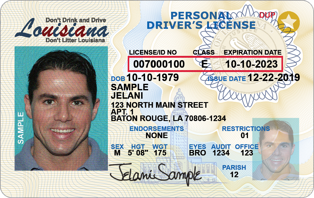 Louisiana driver's license with photo of a smiling person; license details including ID, class, and expiration date.